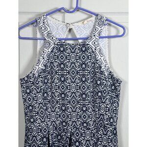 Rewind Sz L Sleeveless Navy & White Geometric Printed Pleated Dress